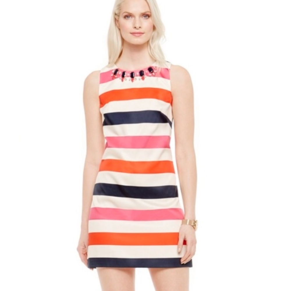 Vince Camuto Jeweled Neckline Stripped Dress